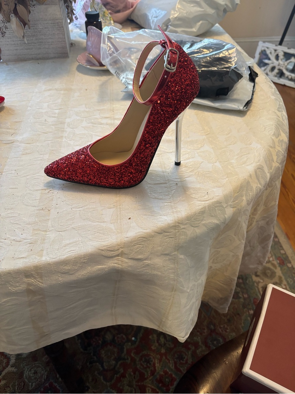 Red Glitter Pointed Toe Stiletto with Ankle Strap